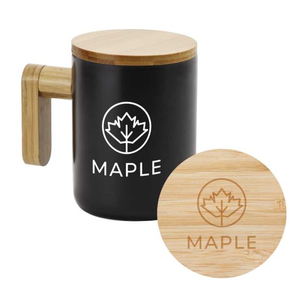 Black Ceramic Coffee Mugs with Bamboo Handle and Lid