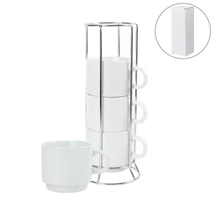 Ceramic Coffee Cups Set 4Pcs in Silver Metal Rack