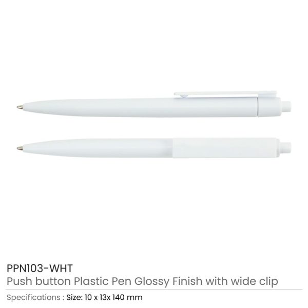 Plastic-Pen-White-PPN103-WHT-Details-600x600-1.jpg Plastic Pens White Color, Push Button, Wide Clip for Logo