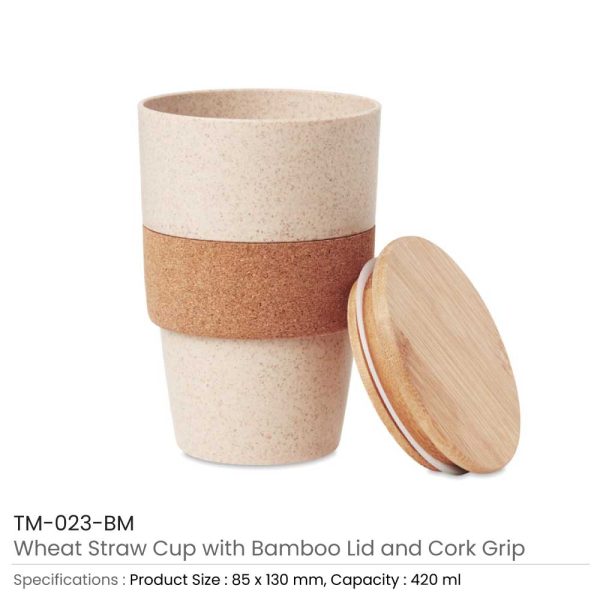 Wheat Straw Cups with Bamboo Lid and Cork Grip
